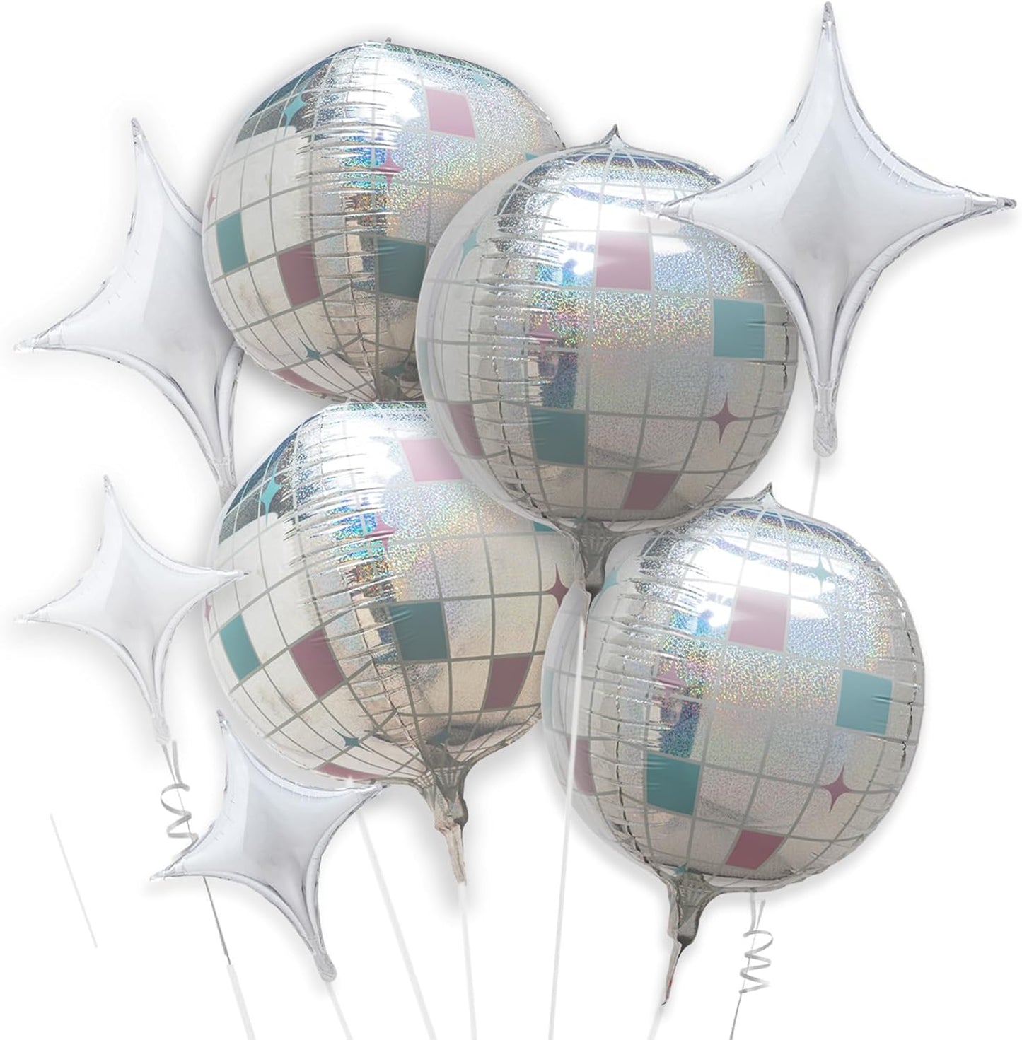 8pcs Iridescent Disco Ball Foil Balloons&Glitter Silver Sparkle 4D Balloon For Cowboy Themed Bachelorette,Anniversary Groovy Birthday Party Supplies, 70s 80s 90s Baby Shower,Space Decoration