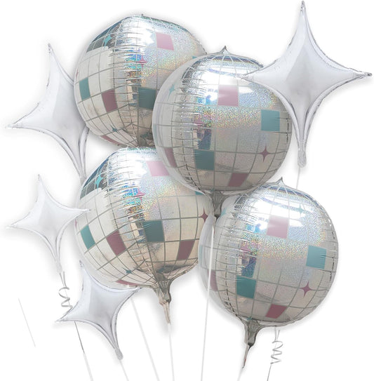 8pcs Iridescent Disco Ball Foil Balloons&Glitter Silver Sparkle 4D Balloon For Cowboy Themed Bachelorette,Anniversary Groovy Birthday Party Supplies, 70s 80s 90s Baby Shower,Space Decoration