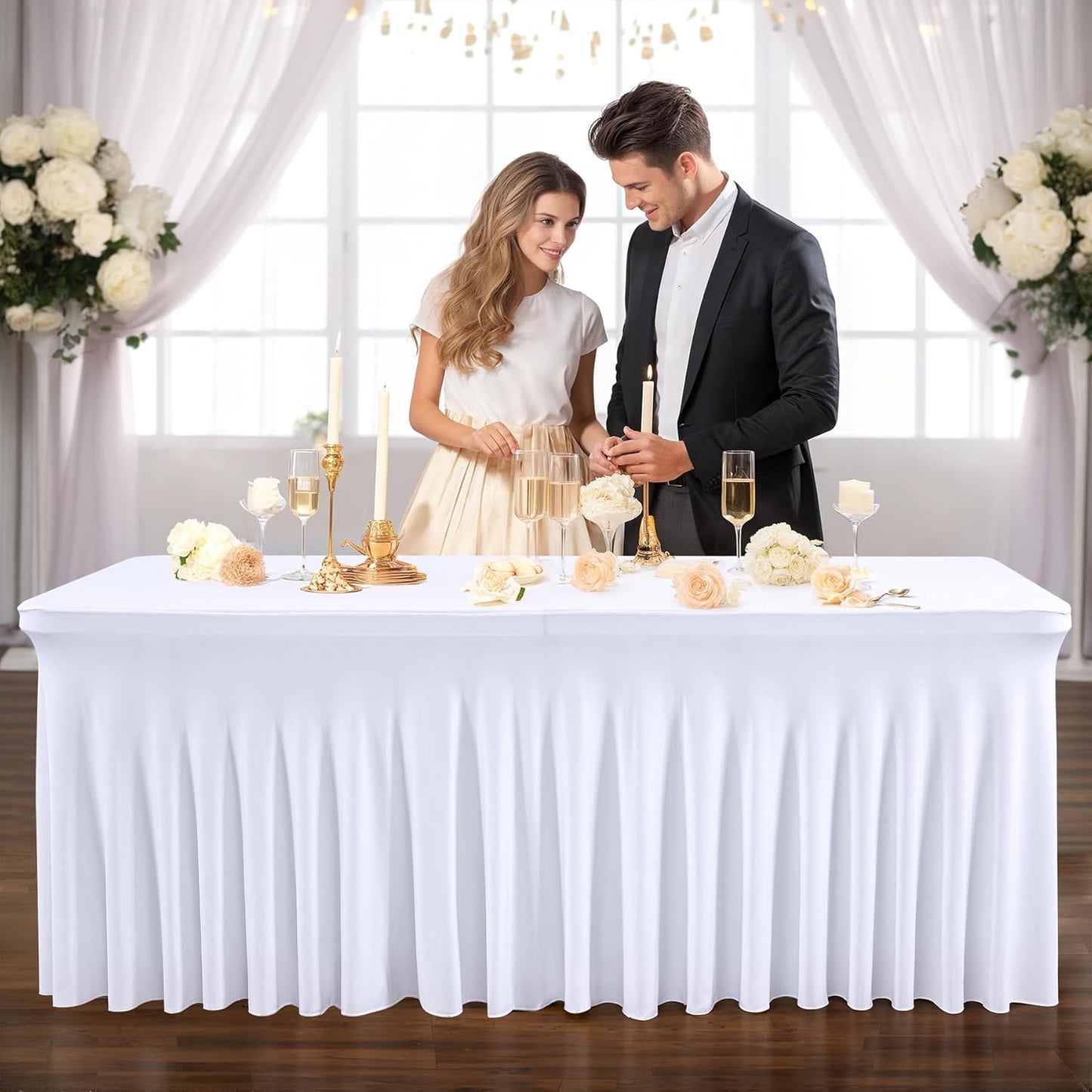 PARTISKY White Spandex Tablecloth for 8ft Rectangle Tables, Stretchable Table Cover Skirt for Folding Tables Weddings Parties Banquets Events Trade Shows and Dessert Table