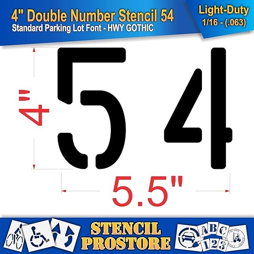 Pavement, Curb, and WheelStop Stencils - 4 inch Double Number Stencil - (54) - 4" x 5.5" x 1/16" (63 mil) - Light-Duty