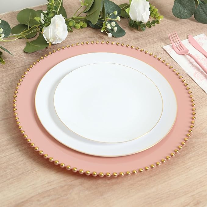 Efavormart 10-Pack Economy Plastic Charger Plates 13" Round Dusty Rose with Gold Beaded Rim - Stylish Dinner Party Serving Plates