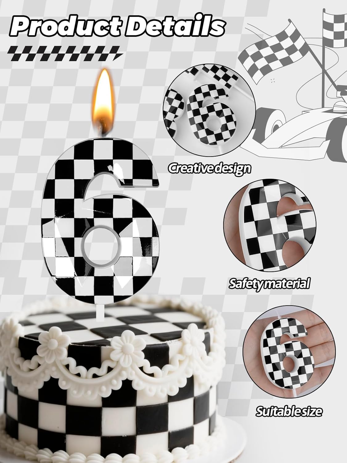 Number 6 Racing Cars Birthday Candles,2.68 Inch Black White Checkered Birthday Number Candles, Cool Racing Themed Number Candles for Boys and Girls, Kids Race Car Themed Party Decorations Supplies