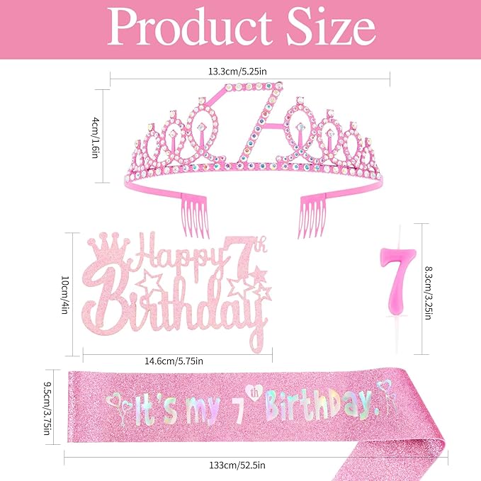 7th Birthday Celebration Set - Pink Crown, Glitter Sash, Number 7 Candle & Cake Topper | Party Decorations Kit