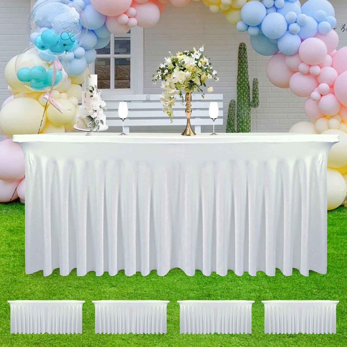 4-Pack White Table Skirts for 4-Foot Rectangle Tables | 48''L x 24''W x 30''H | Stretch Spandex Fitted Tablecloths | Washable, Wrinkle-Resistant | Ideal for Parties, Banquets, Birthdays