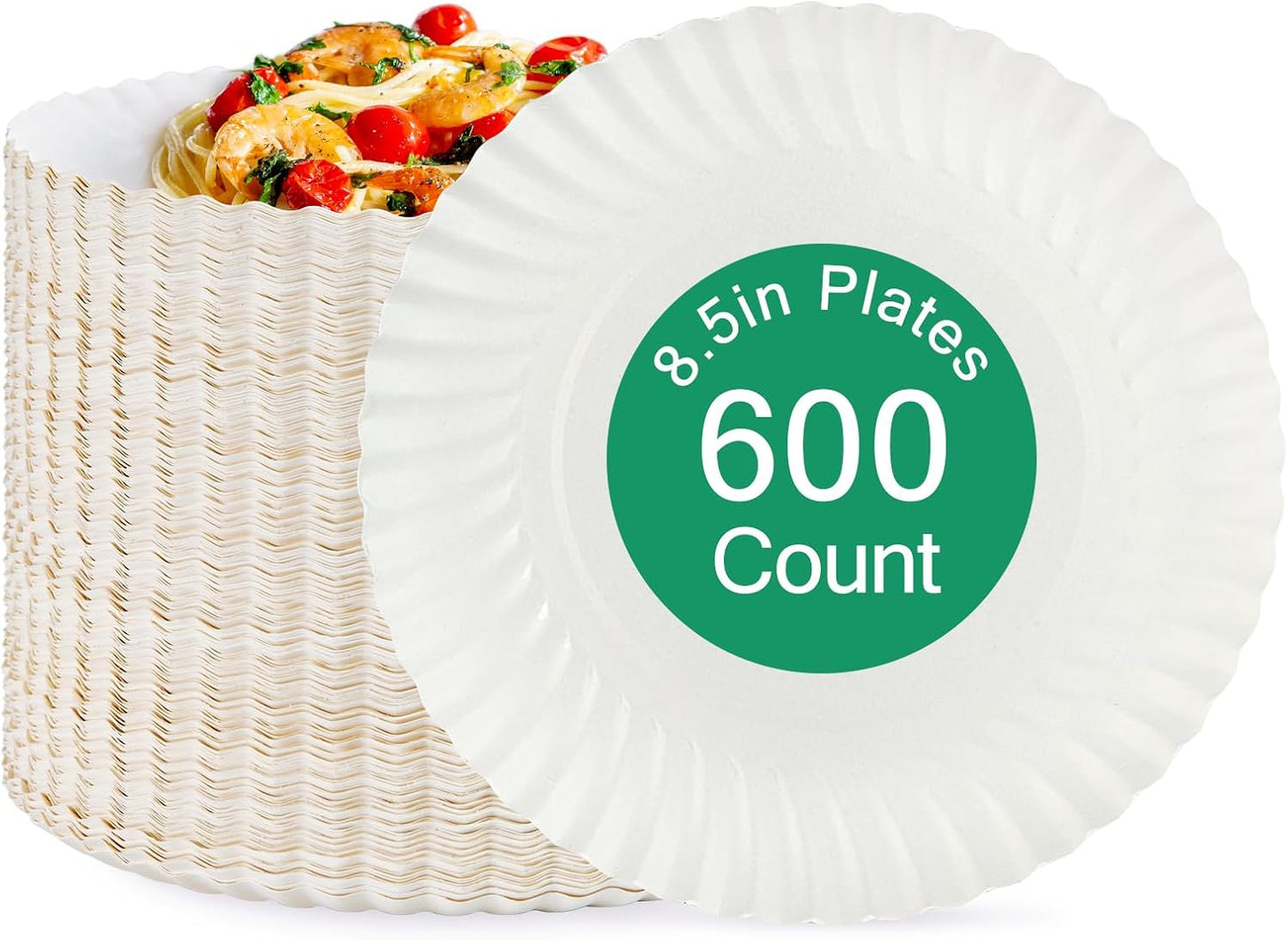 JOLLY PARTY 8.5 inch Paper Plates Uncoated,600 Count Everyday Disposable Plates, Light Weight Paper Plates White, Round Dinner Plates, Large Plate Lunch, for Home and Office
