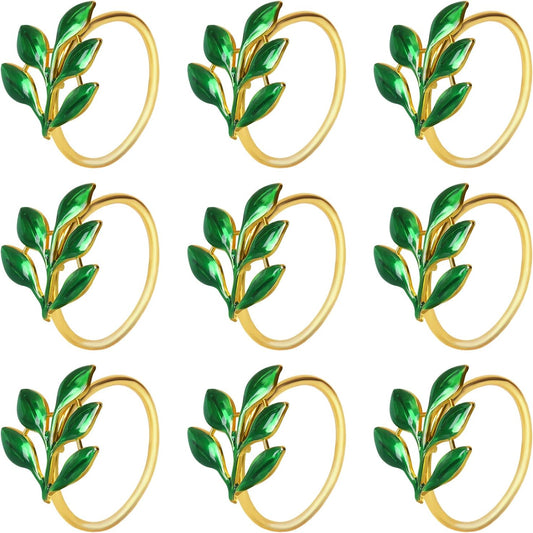 KPOSIYA Set of 6 Leaf Napkin Rings Metal Gold Napkin Holder Table Napkin Rings for Thanksgiving Day Christmas Dinning Table Parties Everyday (Ye Zi-Green 6)