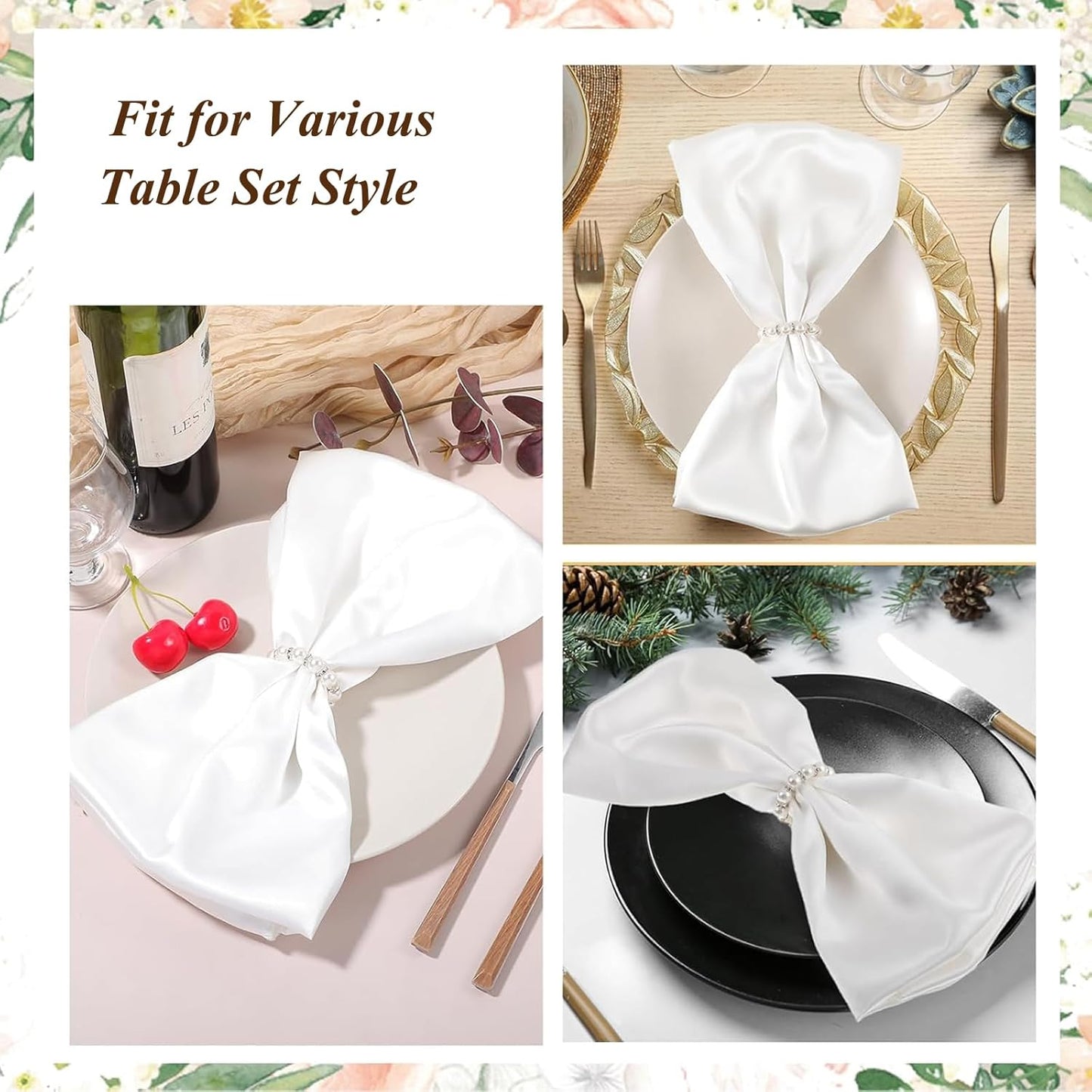 DaMohony 100pcs Pearl Napkin Rings, Silver Elastic Stretched Serviette Rings Buckle, Imitation Serviette Beaded Napkin Rings for Wedding Party Dining Table Decor