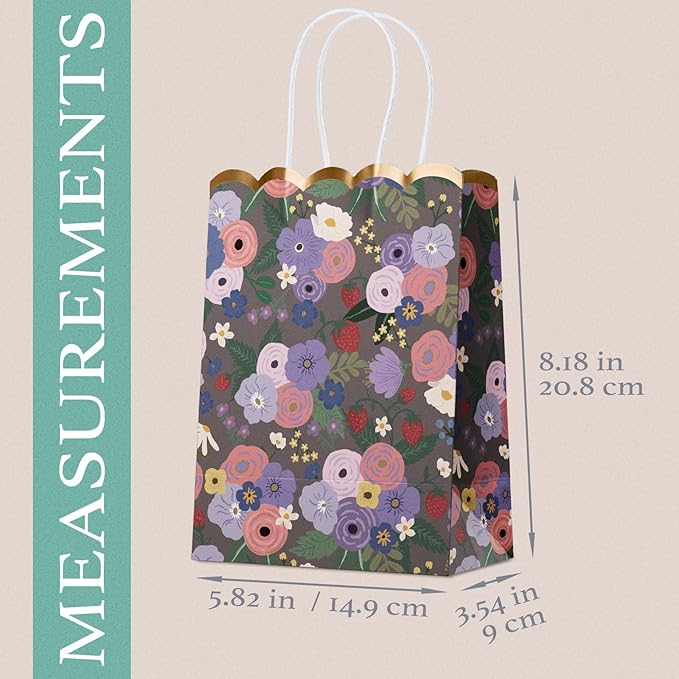 Small Gift Bags with Handles, 12-Pack Paper Party Favor Goodie Bags, 5.82 x 3.15 x 8.18 Inches, 6 Designs in Wildflower Whimsy, Ideal for Birthdays, Baby Showers, and Christmas Parties