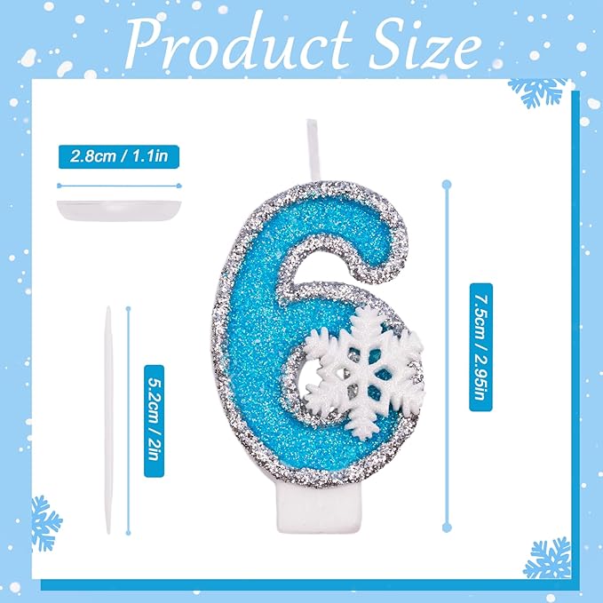 6th Blue Snowflake Birthday Candles Frozen Themed Number 6 Candles for Cake Topper Cupcake Decorations Party Decor Anniversary Celebrations Supplies