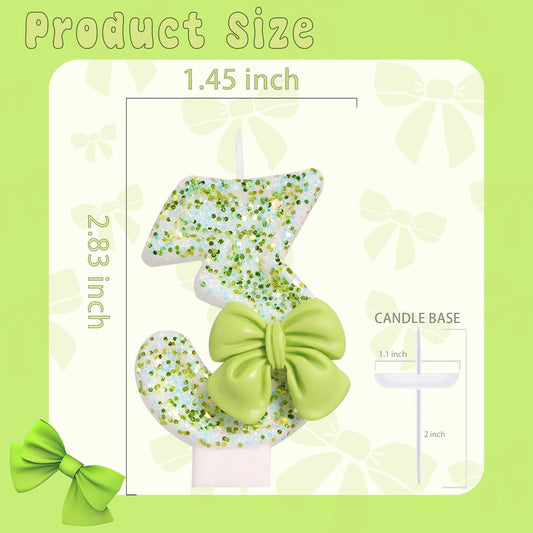Birthday Candle for Cake, Green Bow Number Cake Candles, 2.76 inch Cake Topper Decoration for Birthday Party (Number 3)