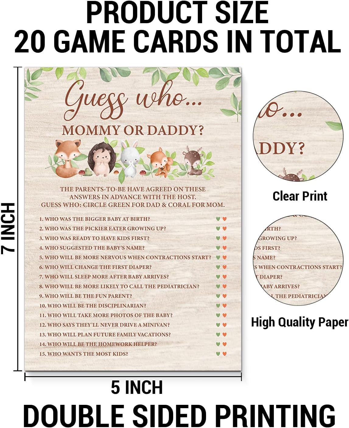 Woodland Baby Shower Games, Guess Who Mommy or Daddy Game, Gender Neutral Boy or Girl, 20 Woodland Forest Animals Theme Game Cards