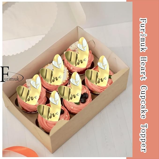 24 Pcs Love Heart Acrylic Cupcake Topper Cake Decoration Disc Mirror Acrylic Cake Topper Engraved Personalized Cake Topper for Valentine's Day Wedding Mother's Day (24, Gold)