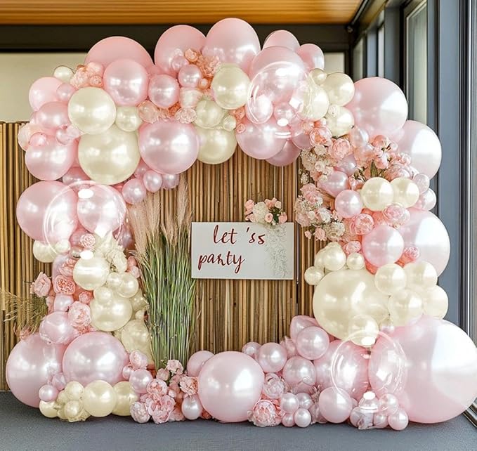 Pearl Pink Balloon Arch Double Stuffed Pastel Light Baby Pink Balloon Garland Different Sizes With Clear Balloons for Birthday Wedding Valentines Day Bridal Baby Shower Engagement Party Decor