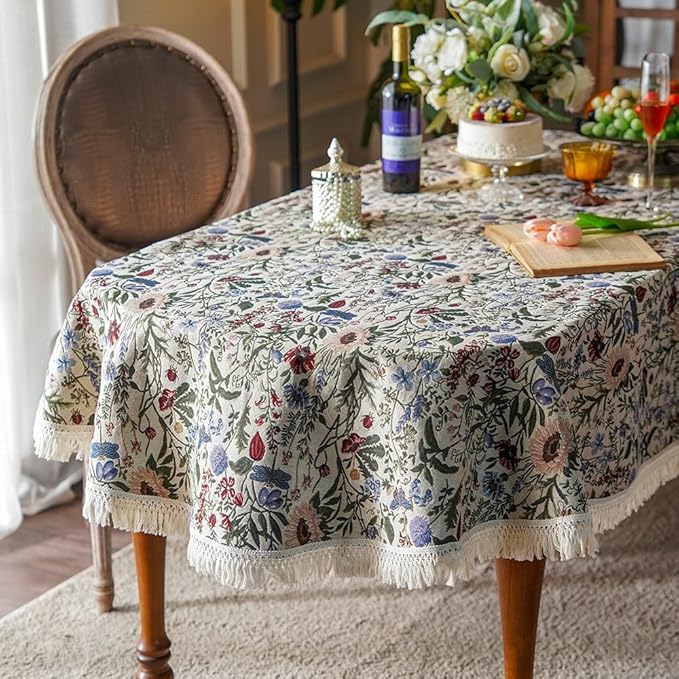 SUTAVIA French Floral Tablecloth Hand-Made Cotton Fabric with Lace Vintage Berry Garden Pattern Tabletop Sofa Cover Blanket for Home Holiday Party Decor (Red Floral, Oval, 52"x70")