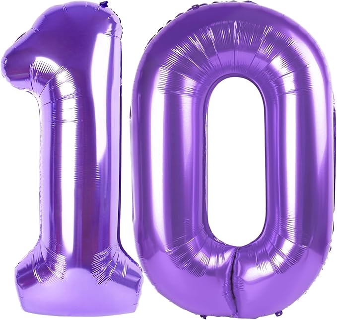 Purple Number 10 Balloon 40 Inch, 10th Birthday Party Decorations for Children, Giant 10 Foil Balloon for Party Supplies