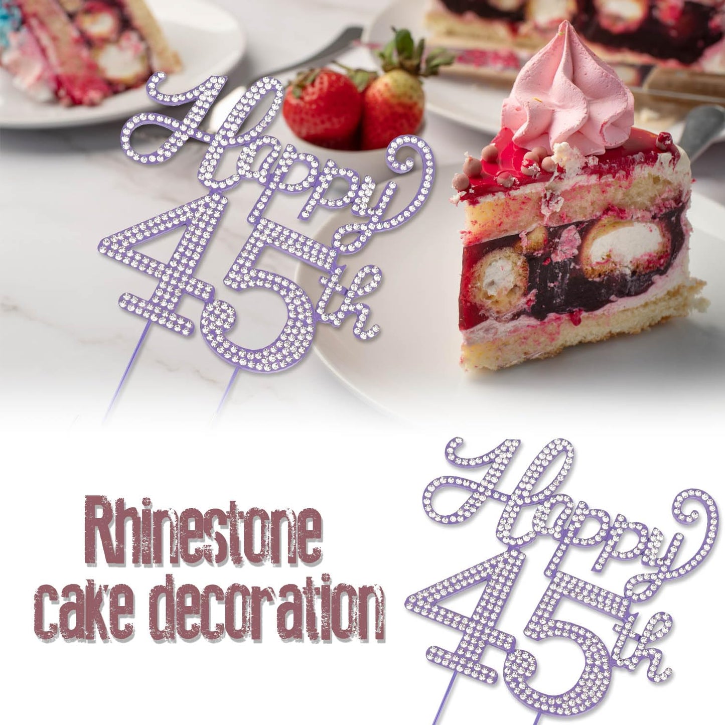 Happy 45th Birthday Purple Rhinestone Cake Topper - 45th Birthday/Anniversary,Cheers to 45 Years Old Bday Party Metal Sparkly Centerpieces Decorations.