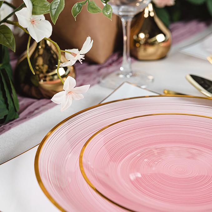 N9R 60PCS Pink Plastic Plates with Gold Rim – 30 Dinner & 30 Dessert Plates, Circular Ribbed Design, Elegant Disposable Plates for Weddings, Events, Banquets, Special Occasions (Translucent Pink)