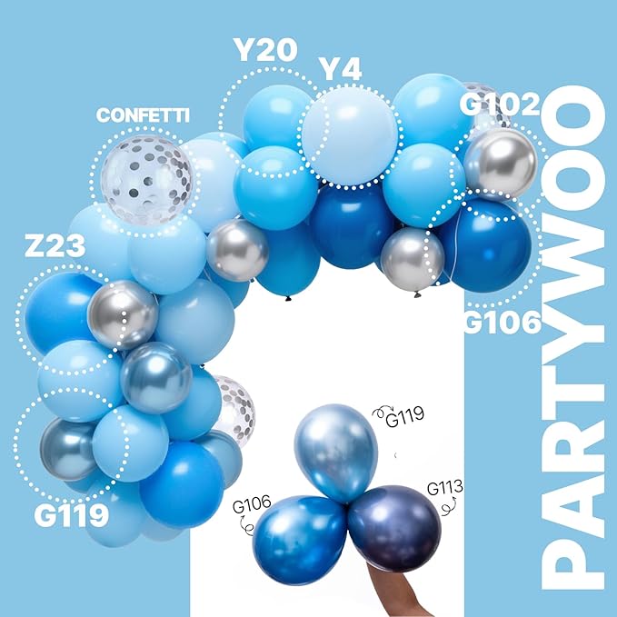 PartyWoo Blue and Silver Balloons 65pcs 12 Inch Light Pastel Baby Metallic Pearl Blue Metallic Chrome Silver Confetti Balloons for Gender Reveal Wedding Baby Shower Birthday Party Decorations