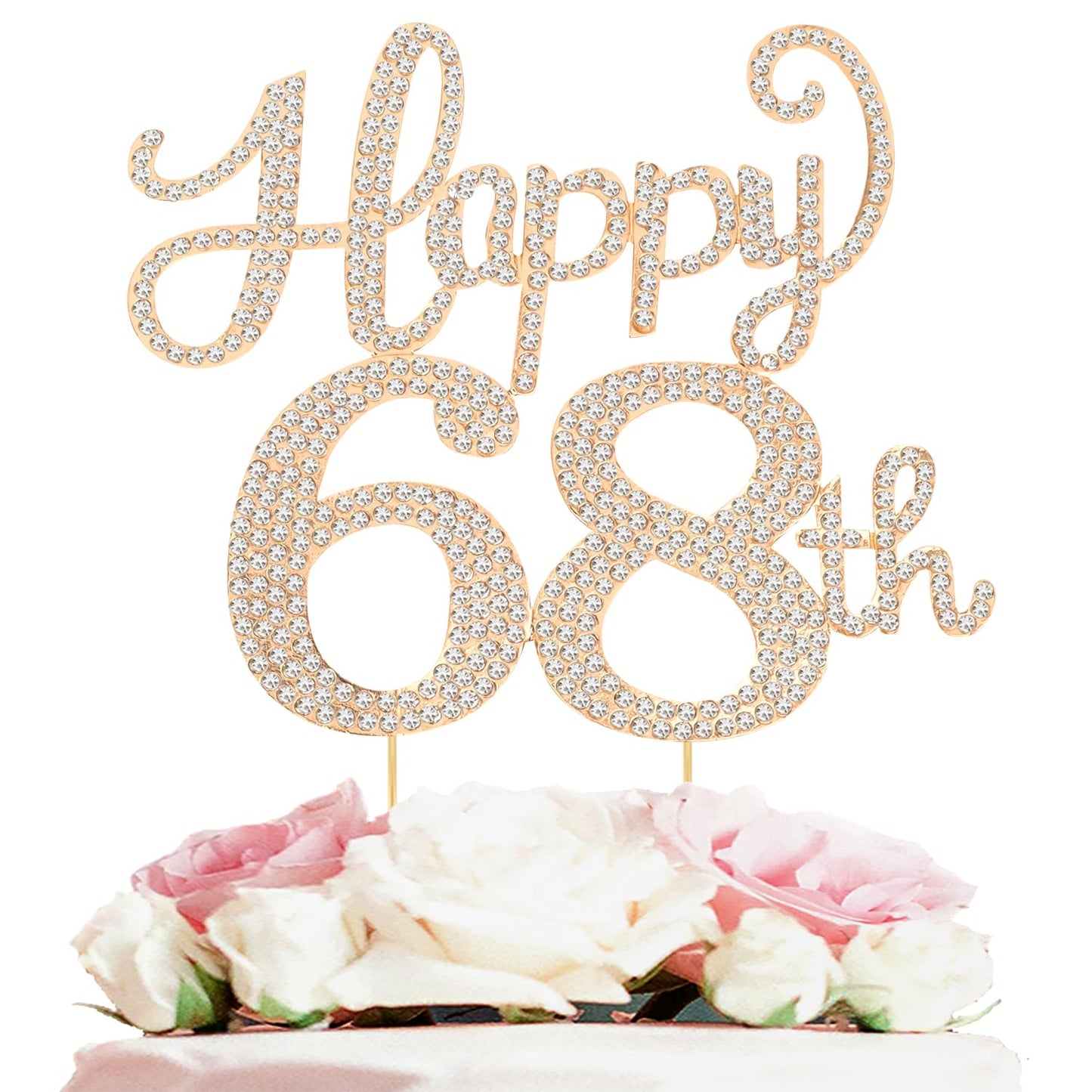 Happy 68th Birthday Decorations,68th Birthday Gold Rhinestone Cake Topper - Cheers to 68 Years Old Bday Party Metal Sparkly Cake Centerpieces Sign.