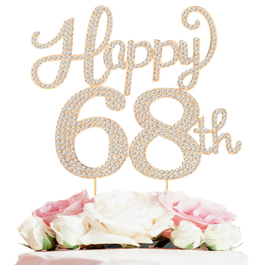 Happy 68th Birthday Decorations,68th Birthday Gold Rhinestone Cake Topper - Cheers to 68 Years Old Bday Party Metal Sparkly Cake Centerpieces Sign.