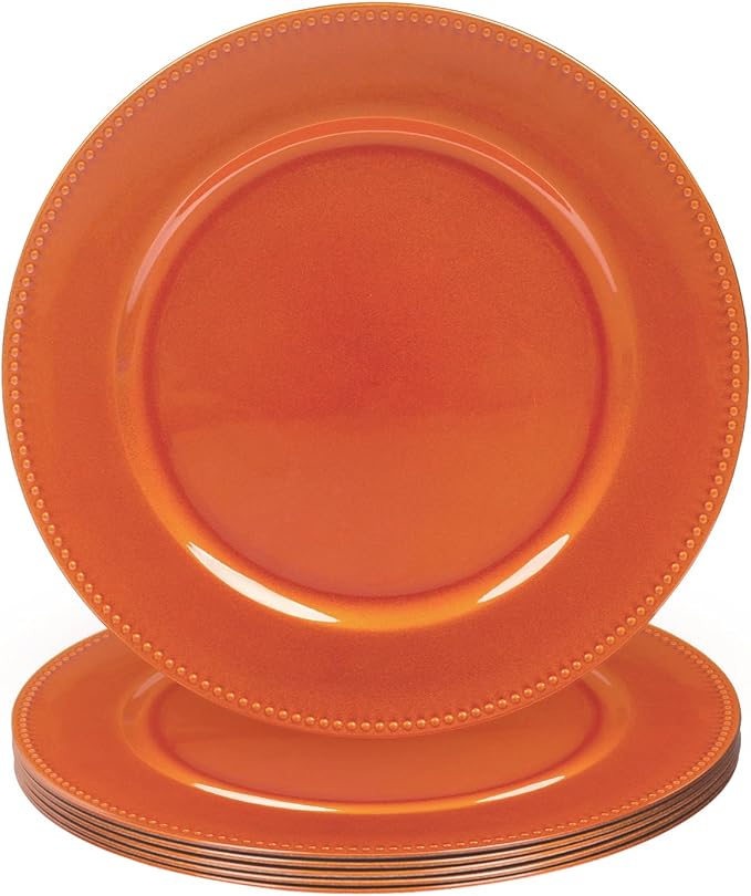 MAONAME Orange Charger Plates, Round Dinner Charger with Beaded, 13 Inch Plastic Plate Chargers for Wedding, Table Decor, Set of 6
