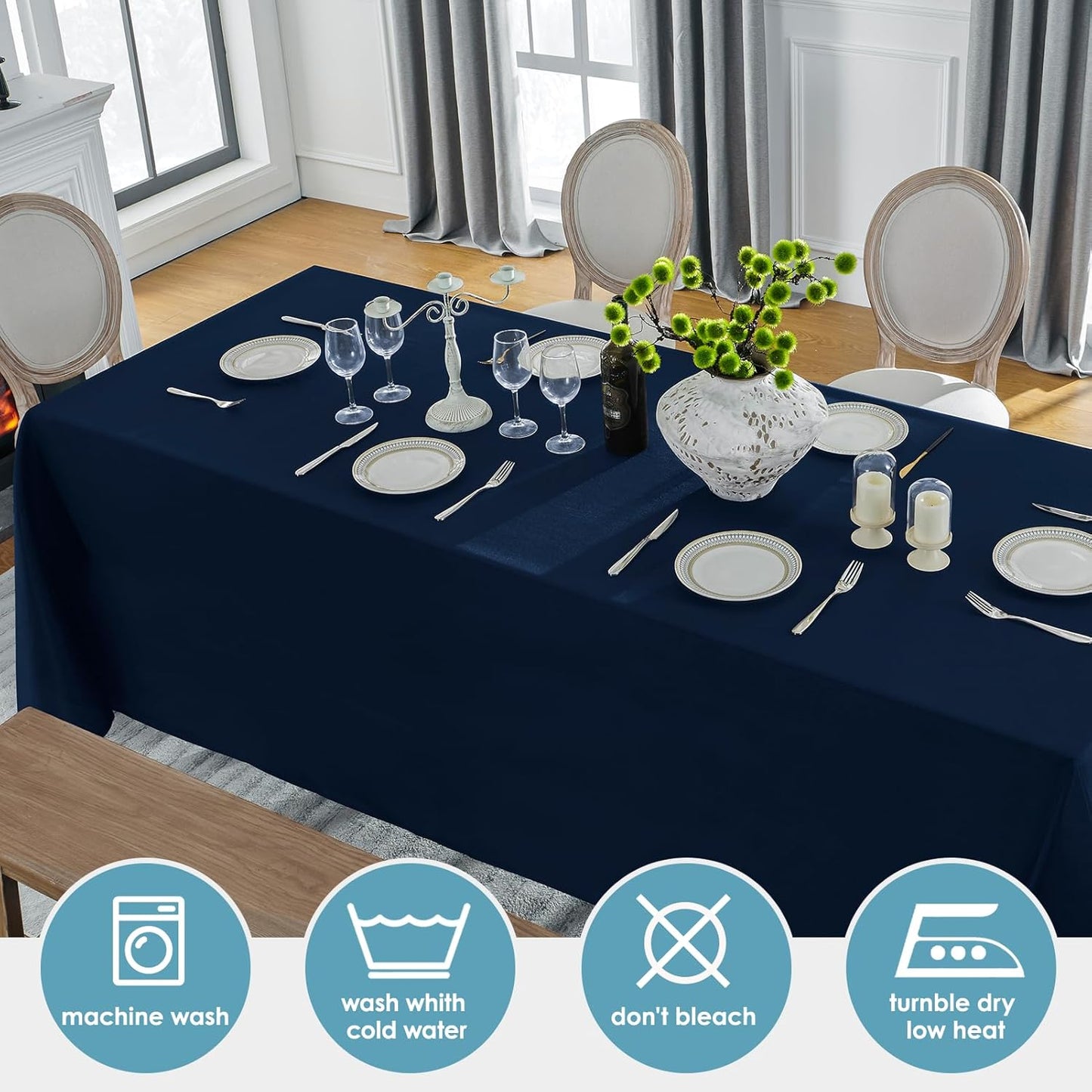 VidaFete Tablecloth 2 Pack 90 * 132inch Rectangle Table Cloth Polyester, Stain Wrinkle Resistant Rectangular Polyester Table Cover for Kitchen Dinning Party Wedding Buffet Decoration(Navy Blue)