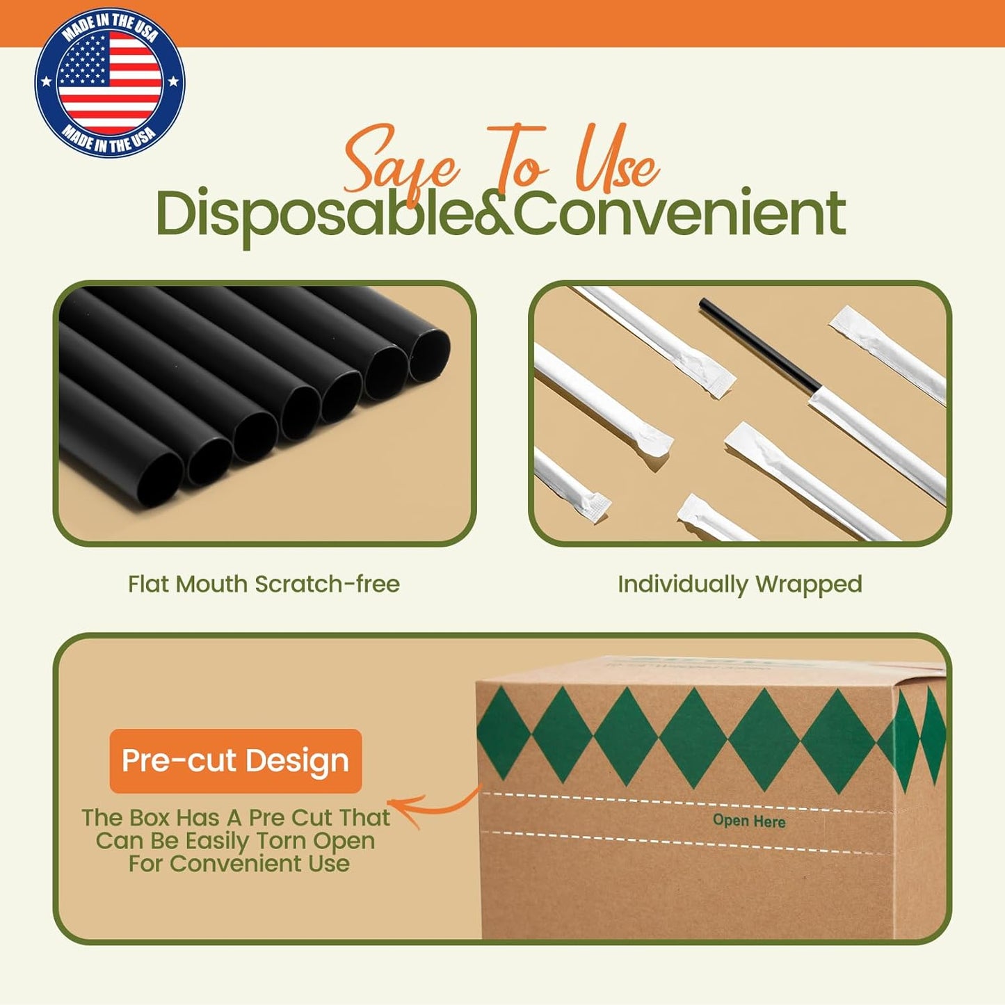 Disposable Plastic Straws,500 PCS Individually Wrapped Black Drinking Straws, Straight Long Straw for Party Daily Use [10.2" Long, 0.23" Diameter] Food-Safe BPA Free - Made in USA