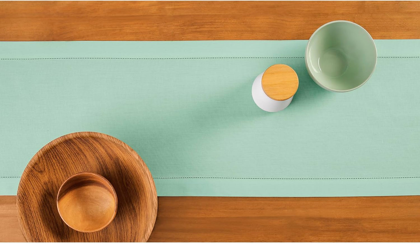 Solino Home Table Runner 108 Inches Long - Cotton Linen Hemstitch Aqua Table Runner 14 x 108 Inch