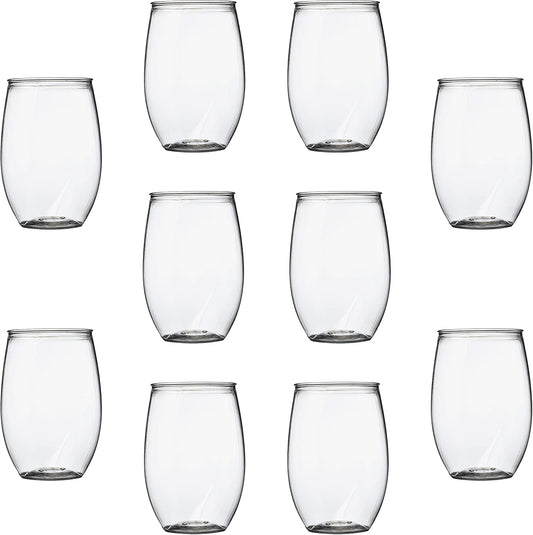 Plastic Stemless Wine Glasses 16 oz. Set of 10, Bulk Pack - BPA Free, Great for Outdoor Lounges, Poolside, Parties and Other Events - Clear