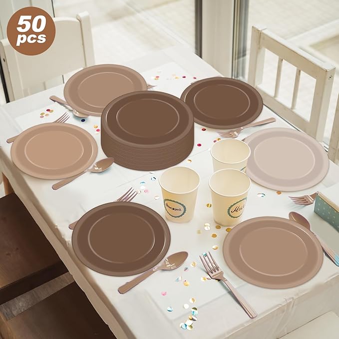 Wiooffen 50Pcs Brown Paper Plates 9 Inch Gradient Color Disposable Round Dessert Plates Brown Party Tableware Solid Tan Paper Plate Winter Table Decors for Birthday Gatherings Outdoor Party
