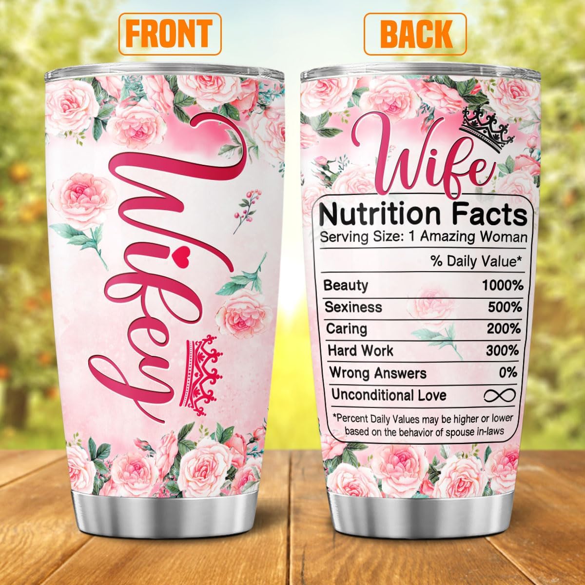 Romantic Floral Wife Gift Tumbler, Rose Design with Funny Nutrition Facts, 20oz Insulated Stainless Steel Cup for Her, Ideal Anniversary, Birthday, Valentine or Christmas
