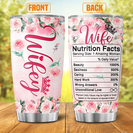 Romantic Floral Wife Gift Tumbler, Rose Design with Funny Nutrition Facts, 20oz Insulated Stainless Steel Cup for Her, Ideal Anniversary, Birthday, Valentine or Christmas