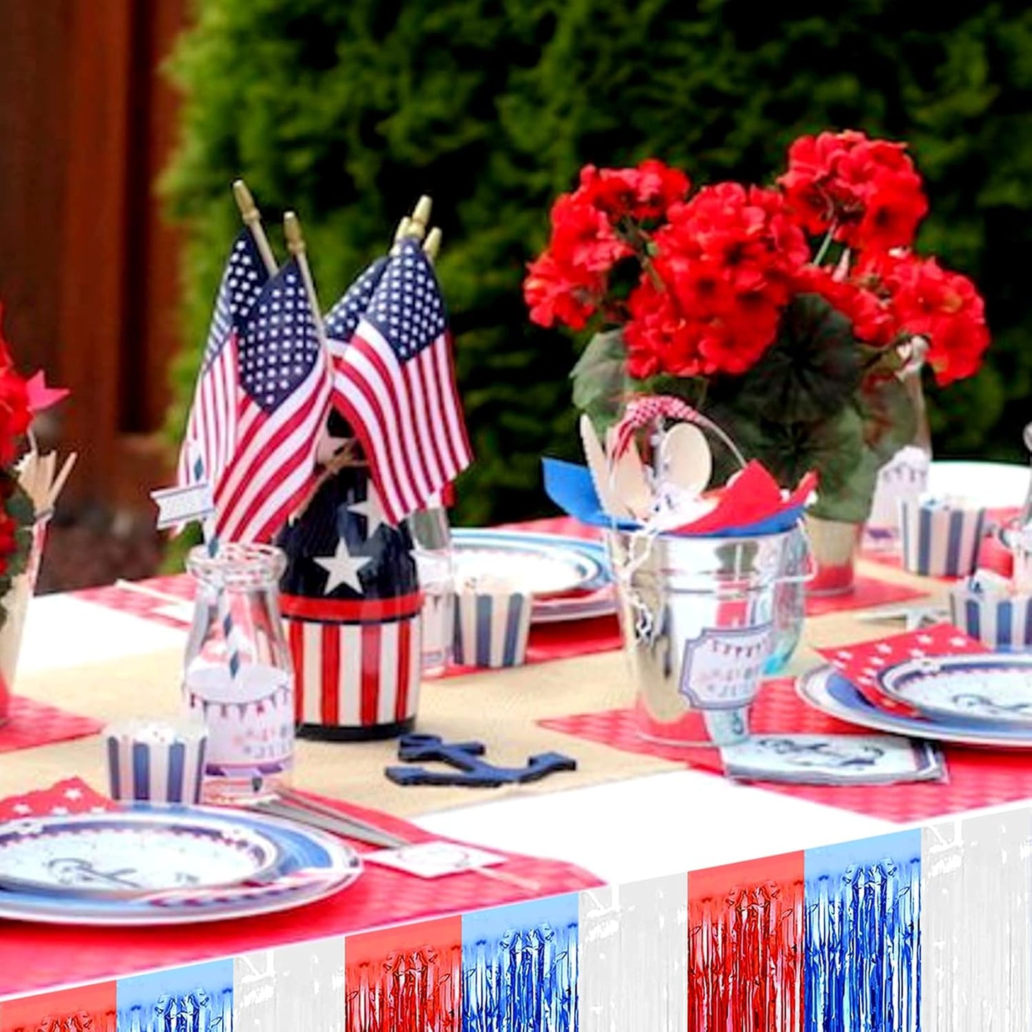 6 Pack 29x108 Inch Metallic Foil Fringe Table Skirts Banner for Tinsel Streamer Garland Curtains Backdrop for Parade Floats Wedding Birthday Independence Day Party Decorations(Red Blue White)