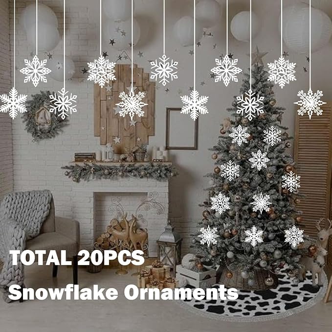 Winter Wonderland Decorations 20Pieces Plastic Snowflakes Hanging Ornaments, Winter Wonderland Banner,Snowflake Tablecloth for Home Bedroom Office White Christmas Winter Onederland Party Supplies