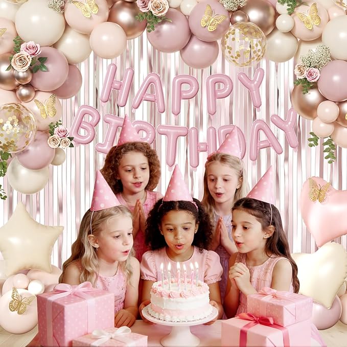 Dusty Pink and Gold Birthday Decorations for Women Girls, Dusty Pink Blush Rose Gold Sand White Gold Foil Confetti Balloons Happy birthday Banner Gold Butterfly Fringe Curtains Birthday Decorations