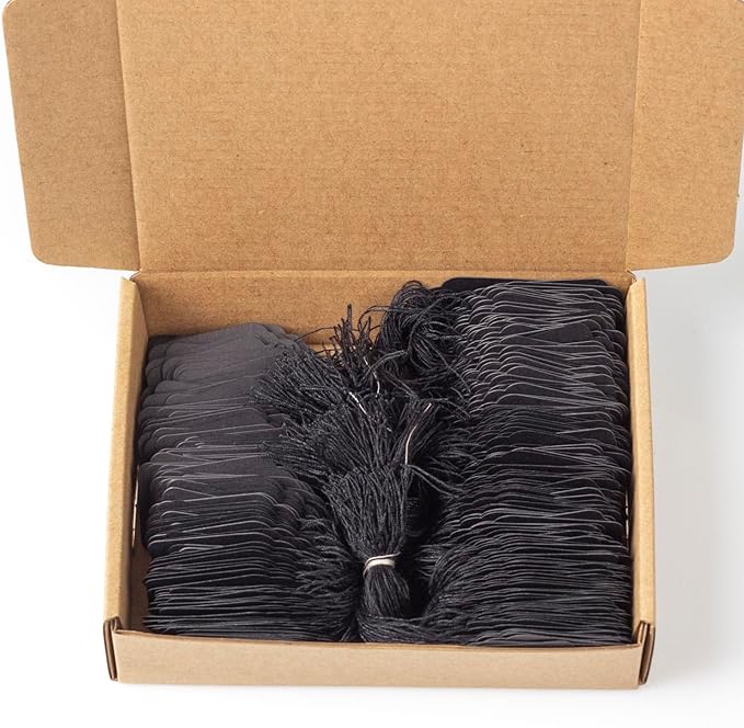 Pack of 500 Paper Tags with String Attached for Storage Baskets,Jewelry, Clothing(Black,1.88"x1.18")