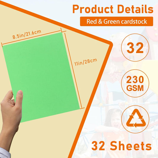 32 Sheets Christmas Red Green Cardstock 8.5 x 11 Crafts Paper, 80lb Premium Card Stock for DIY Card Making, Invitations, Thank You Cards, Party Decorations, Festival blessings