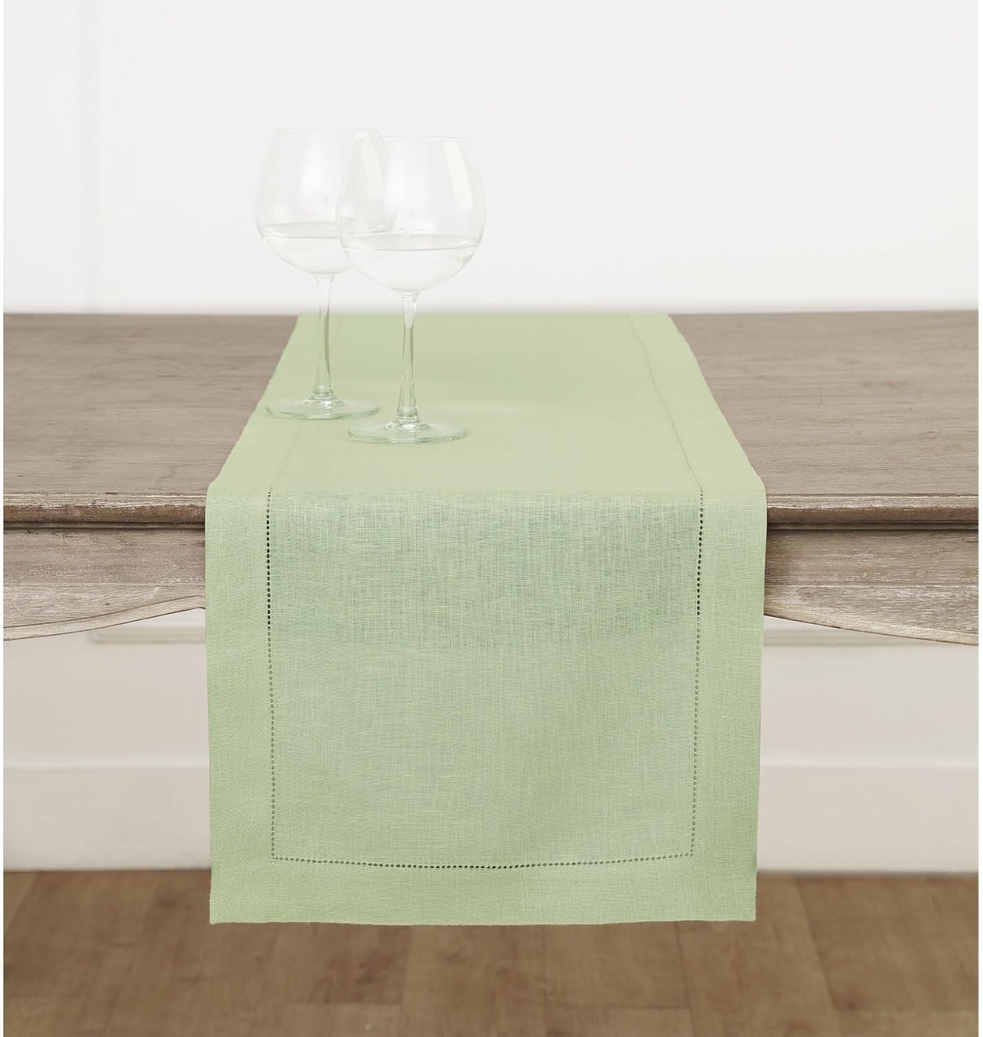 Solino Home Linen Table Runner 48 Inches - 100% Pure Linen Sage Green Hemstitch Table Runner 14 x 48 Inch Ideal for Dresser and Coffee Tables - Fall, Thanksgiving, Christmas - Classic Hemstitch
