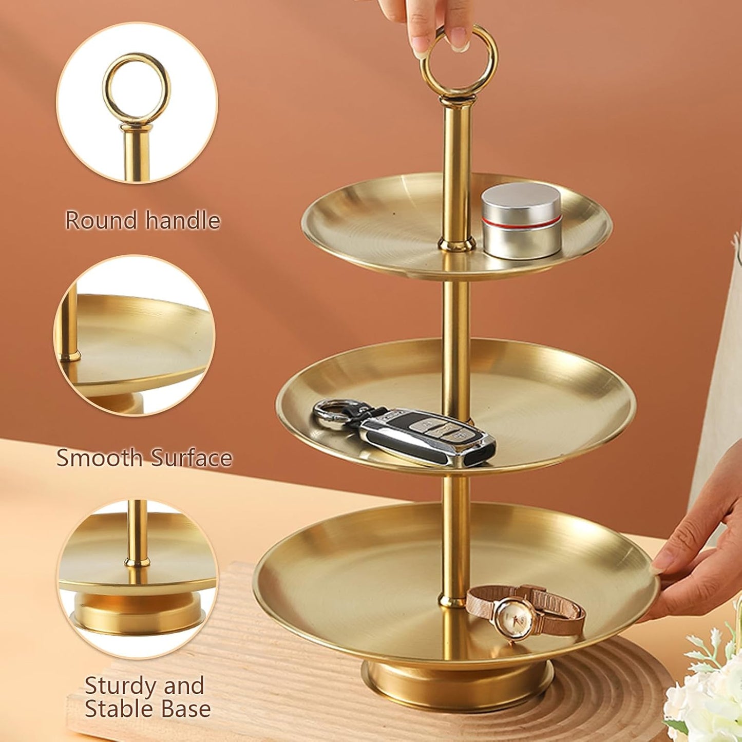 3 Tier Gold Metal Cupcake Stand Holder,Stainless Steel Cup Cake Stand Tower with Tiered Serving Tray and Base for Parties,Weddings,Birthdays and Any Festivals and Celebrations(with Base)