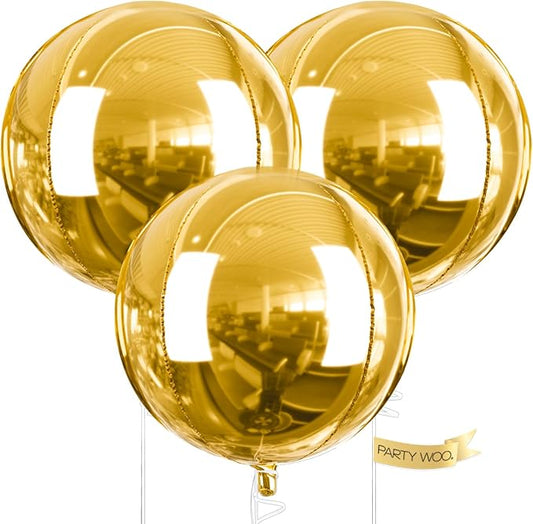 PartyWoo Metallic Gold Foil Balloons 3pcs 50 Inch Large Round Foil Big Giant 4D Jumbo Inflatable Mirror Ball Mylar Balloons for Graduation Birthday Baby Shower Anniversary Tea Party Decorations