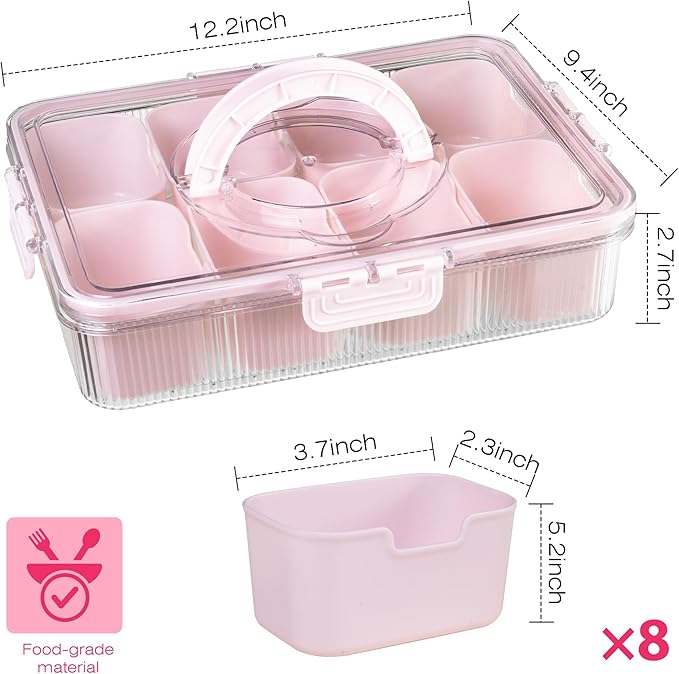 Patent Design Ribbed Snackle Box Container Divided Serving Tray with Lid and Handle -Charcuterie Container Portable Storage Organizer for Candy, Fruit, Beach, Picnics（1 pcs, Pink