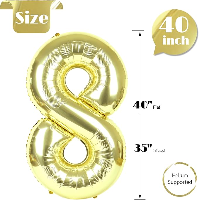 Light Gold Number 8 Balloon 40 Inch, 8th Birthday Party Decorations for Children, Giant 8 Foil Balloon for Party Supplies