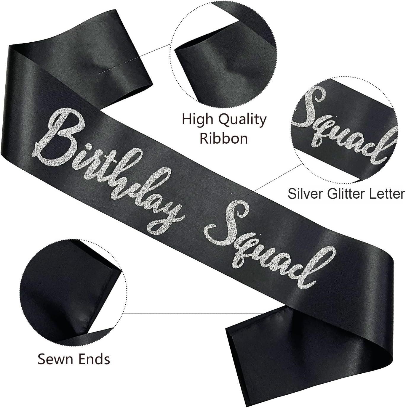 Birthday Squad Sash, 6 Pieces Black with Silver Glitter Letter Birthday Gift Sashes Set for Women Funny Party Favors Decorations for 13th 16th 18th 21st 25th 30th 40th 50th or Other Bday