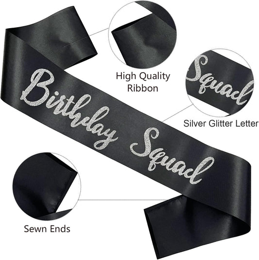 Birthday Squad Sash, 6 Pieces Black with Silver Glitter Letter Birthday Gift Sashes Set for Women Funny Party Favors Decorations for 13th 16th 18th 21st 25th 30th 40th 50th or Other Bday