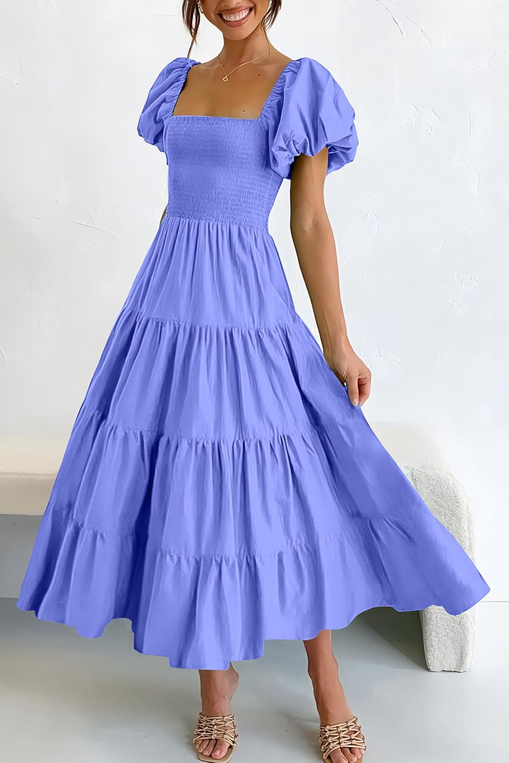 PRETTYGARDEN Women's Casual Summer Midi Dress Puffy Short Sleeve Square Neck Smocked Tiered Ruffle Dresses