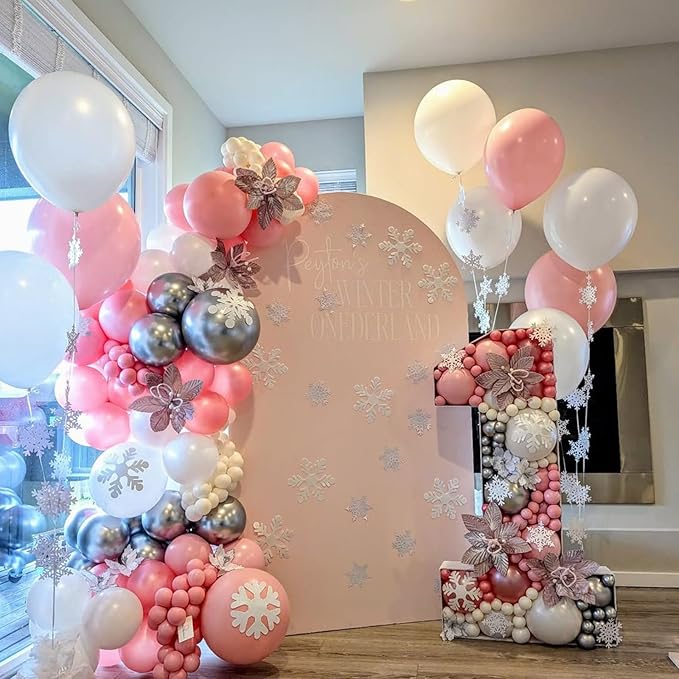 Pink and Silver Balloons Arch Kit, 134pcs Metallic Silver,Pastel Pink,Confetti Balloons Garland Kit for Winter Wonderland Baby Shower Princess Birthday Party Bridal Shower Wedding Party Decoration
