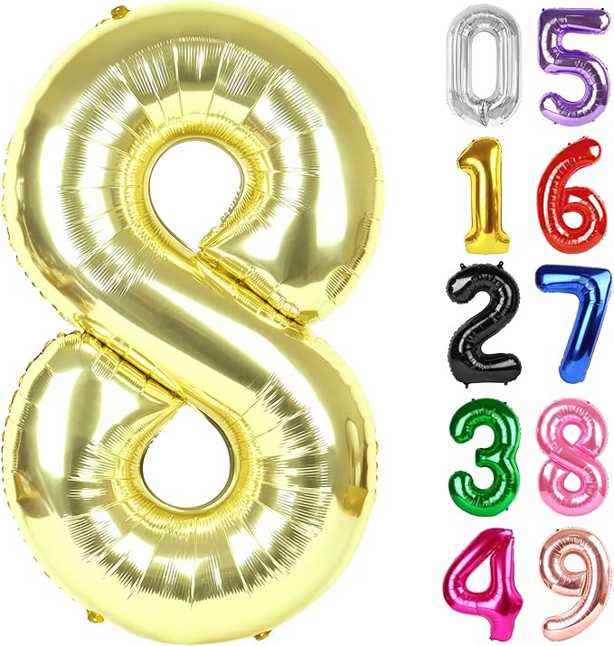 Light Gold Number 8 Balloon 40 Inch, 8th Birthday Party Decorations for Children, Giant 8 Foil Balloon for Party Supplies