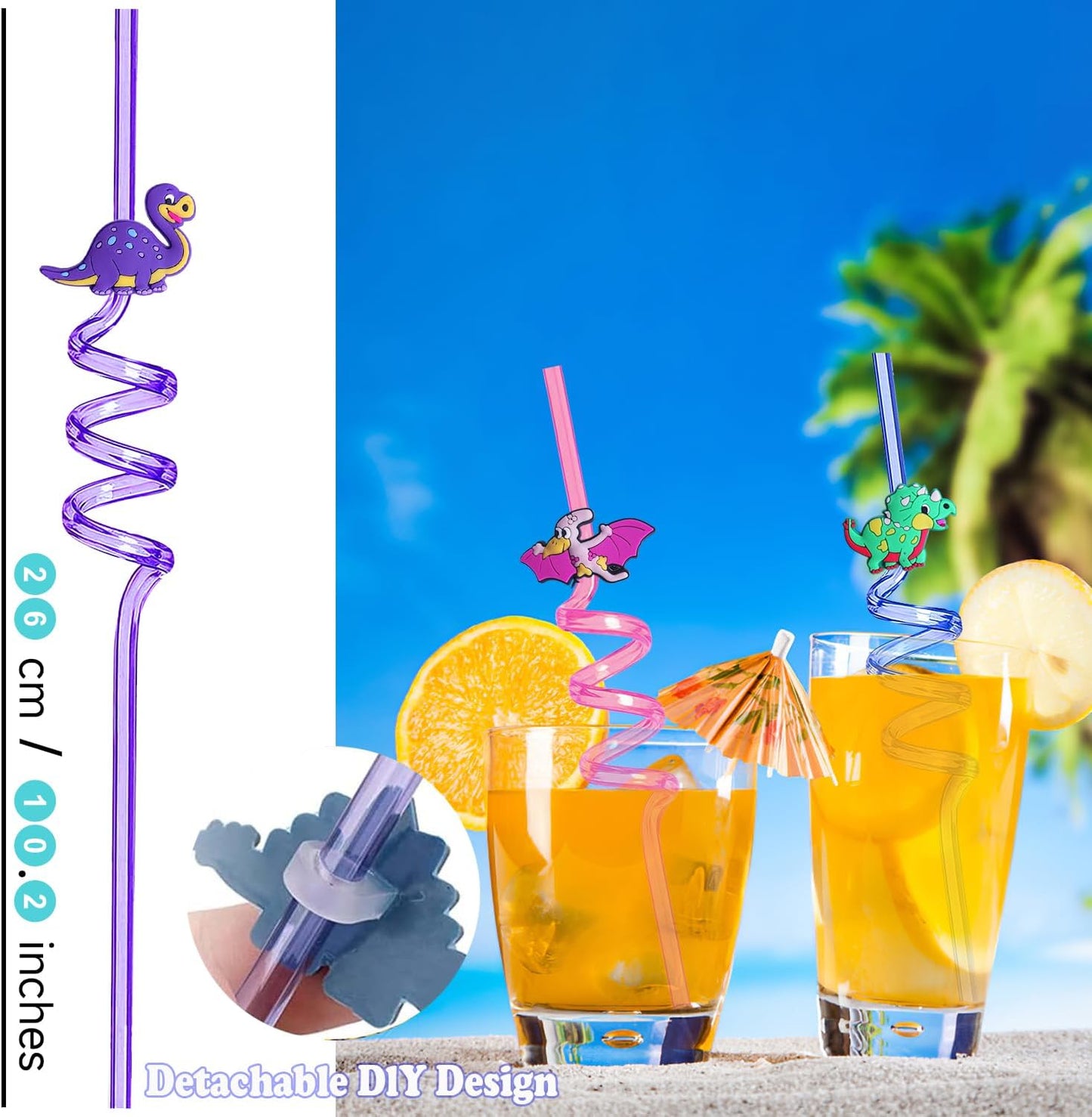 Reusable Hawaiian Straws for Summer Birthday Party Favors, 24 PCS Swirly Straws for Beach Party Decorations Supplies Drinking Straws with Cleaning Brush