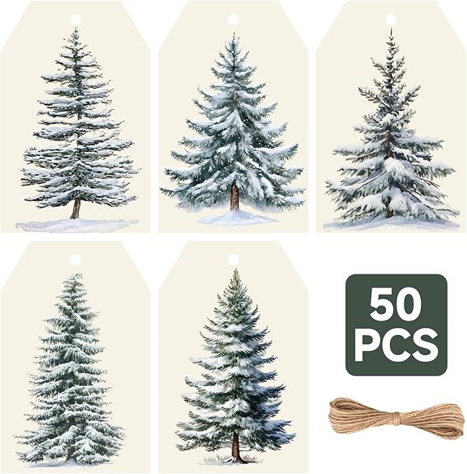 Anwyll Christmas Gift Tags with String - 50Pcs Vintage Merry Christmas Tags for Gifts Xmas Gift Tag Personalized Christmas Tree Label Happy Holiday Tag for Present Wrap Goodie Bag Holiday Party Favors