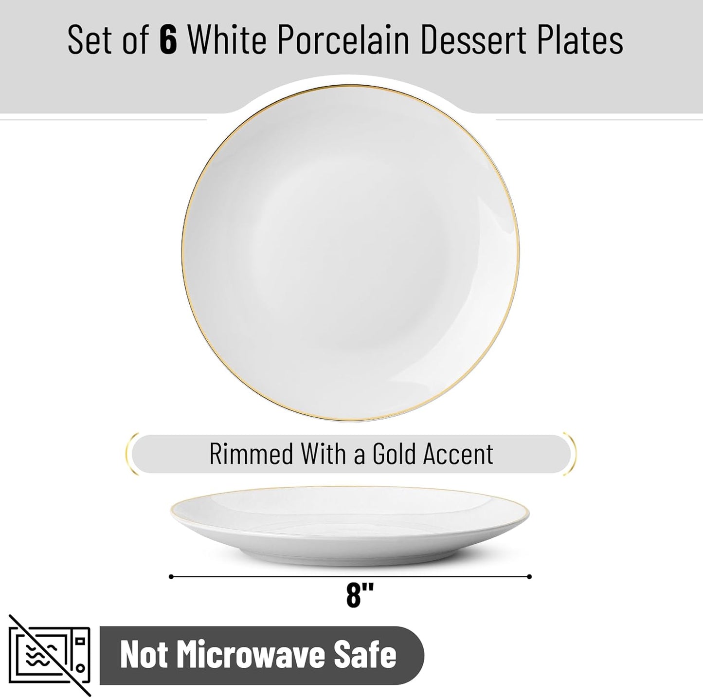 BTaT- White Dessert Plates with Gold Rim, Set of 6, 8" Round, Porcelain, Elegant Style, Dinner Plates, Christmas Gifts